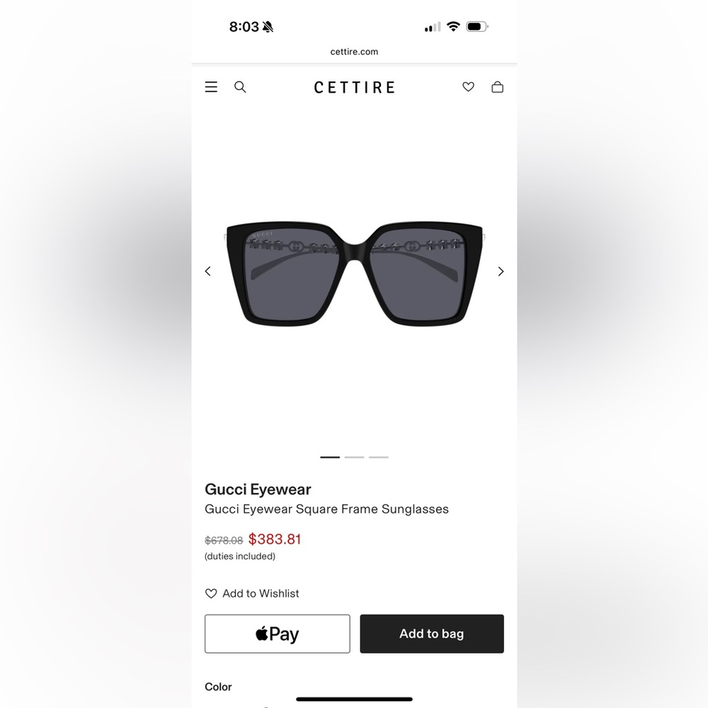 Gucci Black Square Frame Eyewear NIB